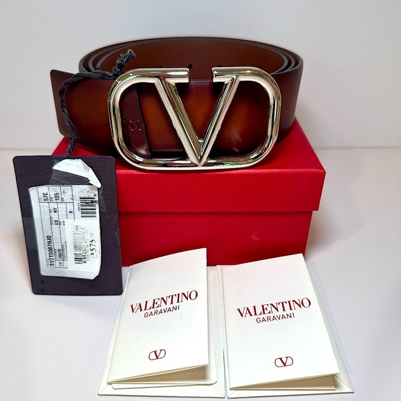 NWT Valentino Garavani V Logo Belt In Brown Leather W Silver Buckle, Sz 105/42 - Picture 1 of 14